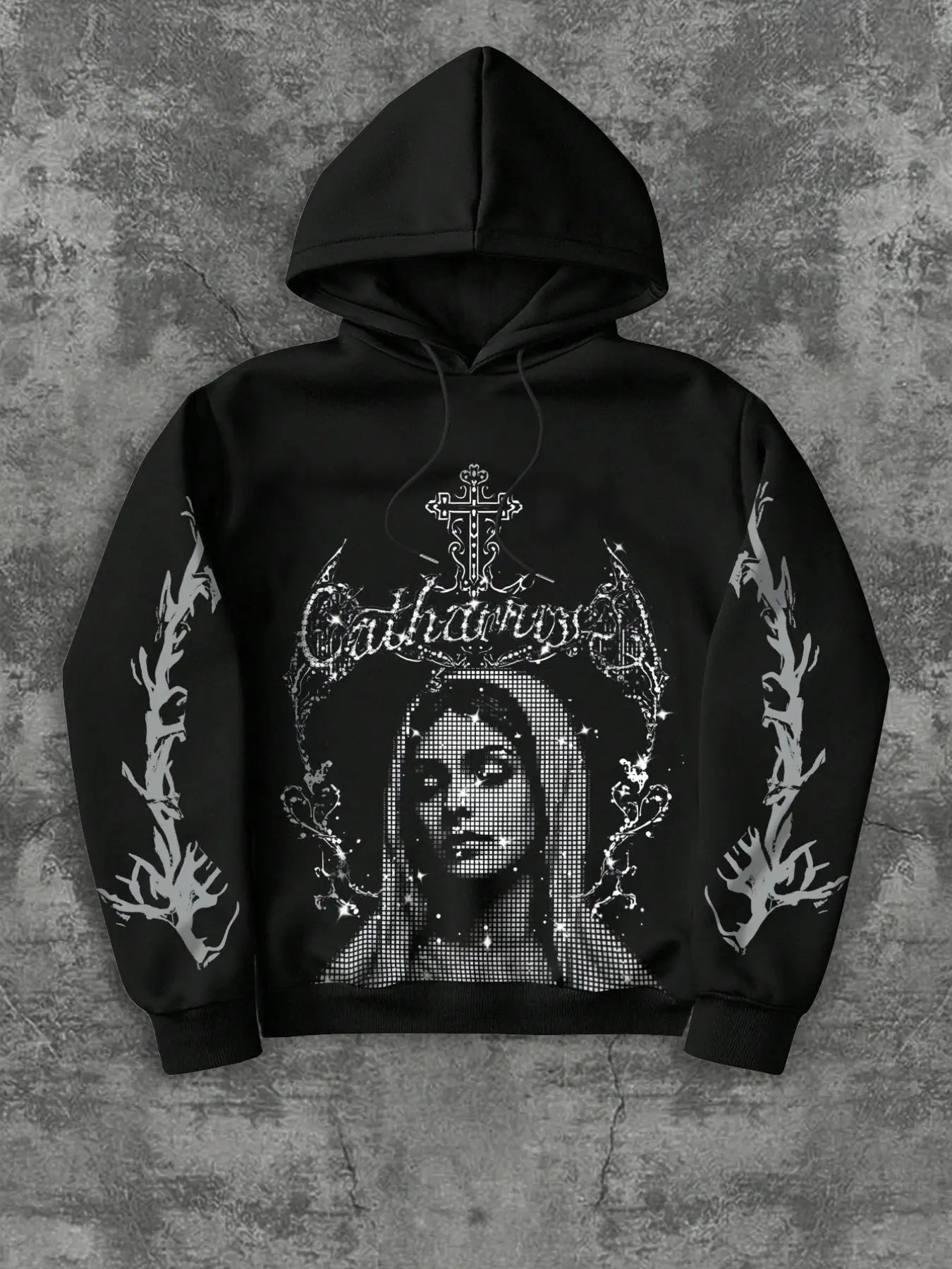 Gothic Virgin Mary Pixel Hoodie Sweatshirt, Silver Color Cross, Thorn Sleeves, Catharsis Metal Font, Soft Fabric, Y2K Grunge Casual Style, Long Sleeve, Everyday, Faith Graphic Pullover, Casual Hooded Sweatshirts