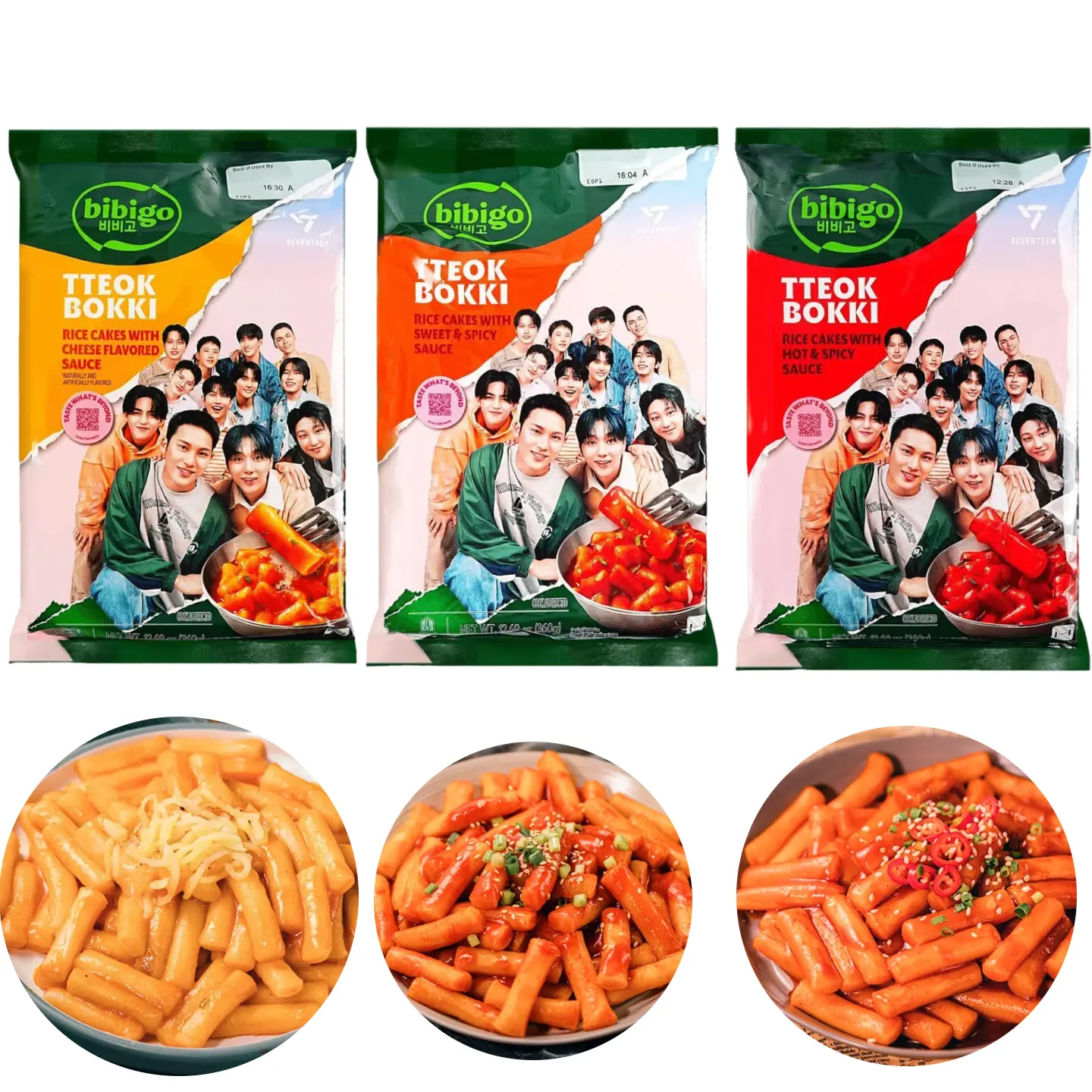 CARATs! Korean SEVENTEEN X BIBIGO Pouch Tteokbokki Kit - Limited Edition with 3 Flavors to Choose (Cheese, Spicy, Sweet & Spicy) (360g) | SVT Instant Food Traditional Chewy Rice Cakes Korean Topokki Tokbokki