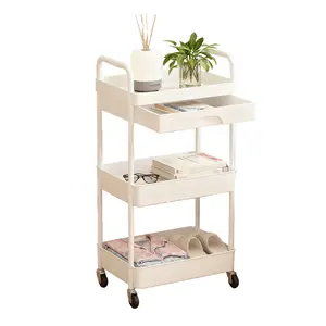 3 -Tier Rolling Utility Cart with Drawer,with Metal Wheels, Adjustable Movable Storage Cart for Kitchen,Bathroom,Living Room,Office