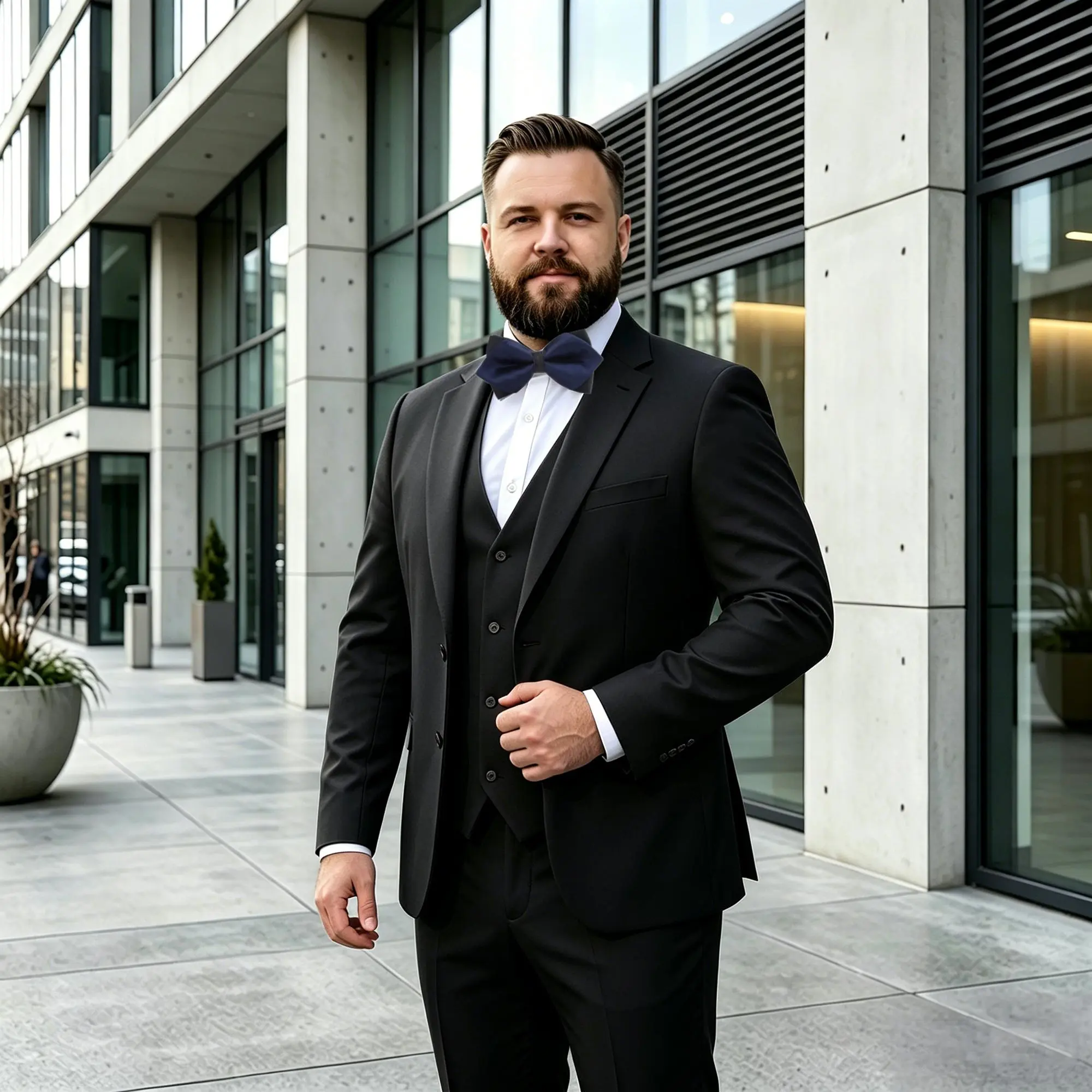 Men's Suit Set for Big & Tall, Classic 3-Piece Formal Business Wear in Breathable Black Polyester with V-Neck Vest & Bow Tie, Fabric, Menswear, Gentleman Style, Men's Outfit Sets, Evening, Formal Wear, Matching, Trouser, 2Xl, Solid, Extra Room, Dry Clean