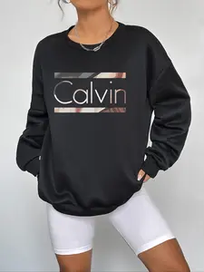 Women's Letter Print Round Neck Sweatshirt, Casual Long Sleeve Crew Neck Pullover for Fall & Winter, Women's Clothes for Daily Wear