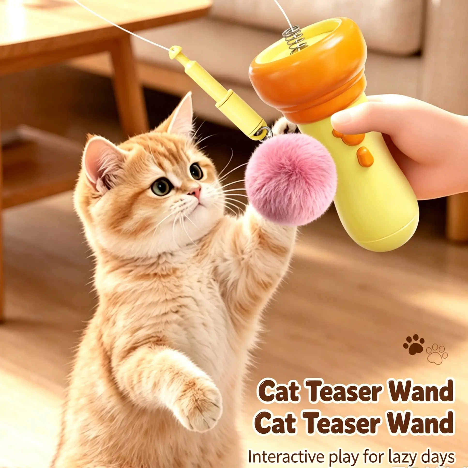 Electric Cat Toy Wand, One‑Click Launch Interactive Plush Ball Toy, Automatic Retractable String Cat Teaser for Indoor Cats, Relieve Boredom Hunting Exercise Toy