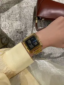 Unisex Couple Watch, Square Digital Display, Waterproof Luminous Quartz Movement, Golden Alloy Case, Perfect Gift for Him & Her, Fashionable Stylish Watch