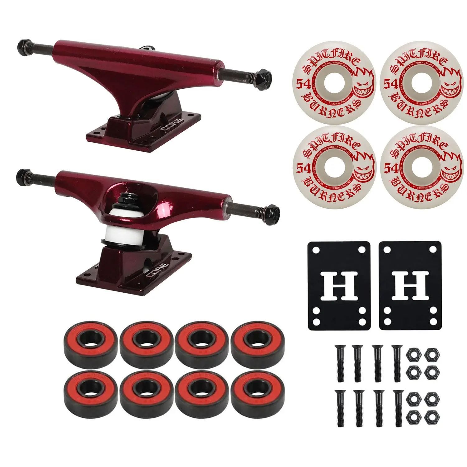 Core Hollow Skateboard Trucks 8.0" + 54mm Spitfire Burners Wheels, Abec 5 Bearings