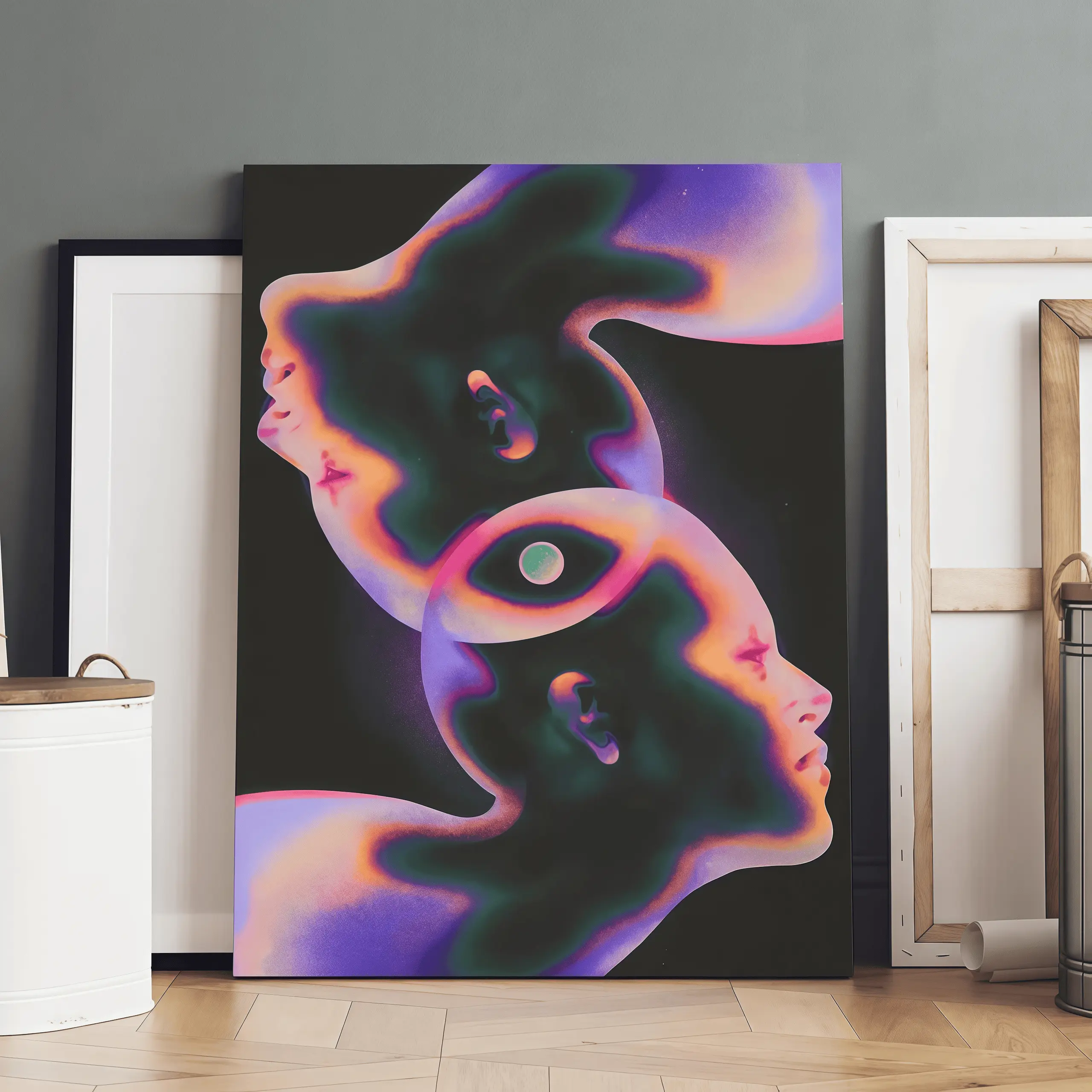 Surreal Iridescent Head Portrait Pattern Canvas Painting with Frame, 1 Count Modern Art Fashion Poster, Wall Art Decor for Home Living Room Bedroom, Wood Wall Art, Ornaments, Wall Decor, Abstract Portrait Artwork, Contemporary Canvas Print fan