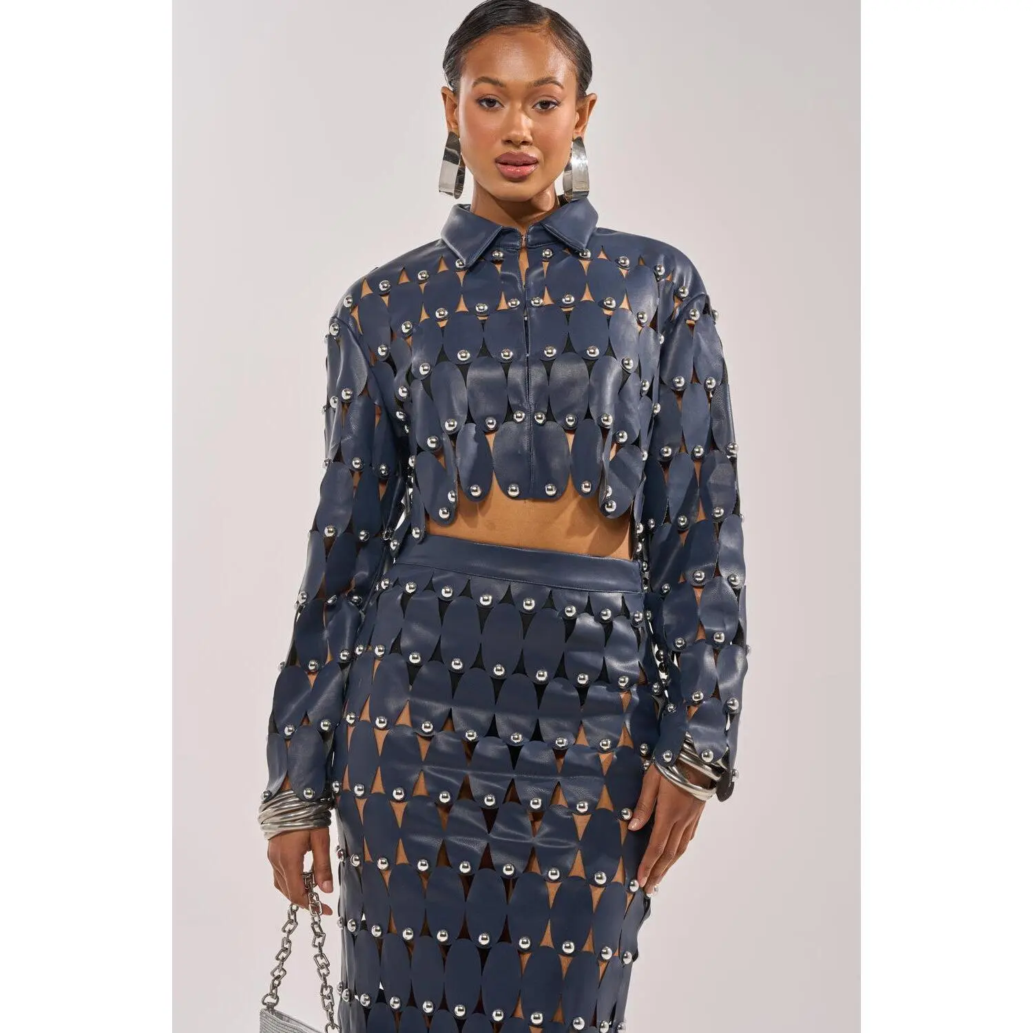 THE SNEAK PEEK STUDDED PU CROP CARDIGAN IN NAVY