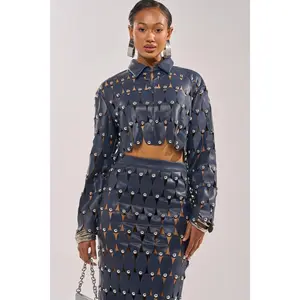 THE SNEAK PEEK STUDDED PU CROP CARDIGAN IN NAVY