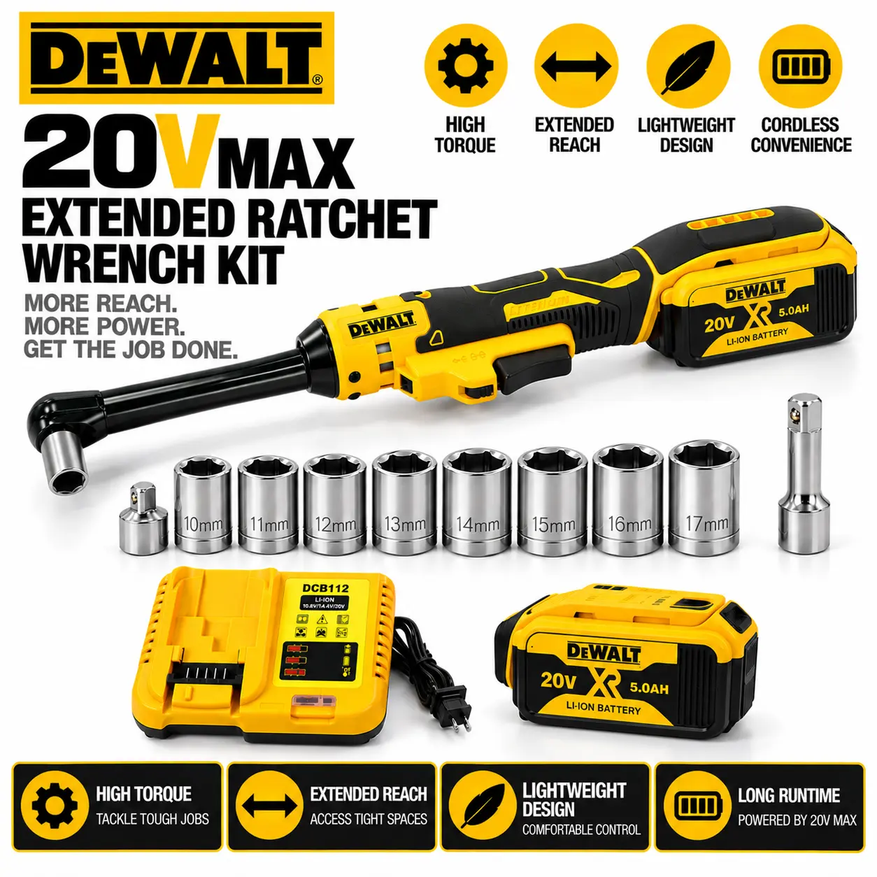 DEWALT 20V Cordless Ratchet Wrench Kit, 17.1" Extended Reach Electric Ratchet, Heavy Duty Metal Drive, 5.0Ah Battery & Socket Set, Forward Reverse Mechanic Power Tool for Auto Repair, Garage, Machinery & Equipment Maintenance