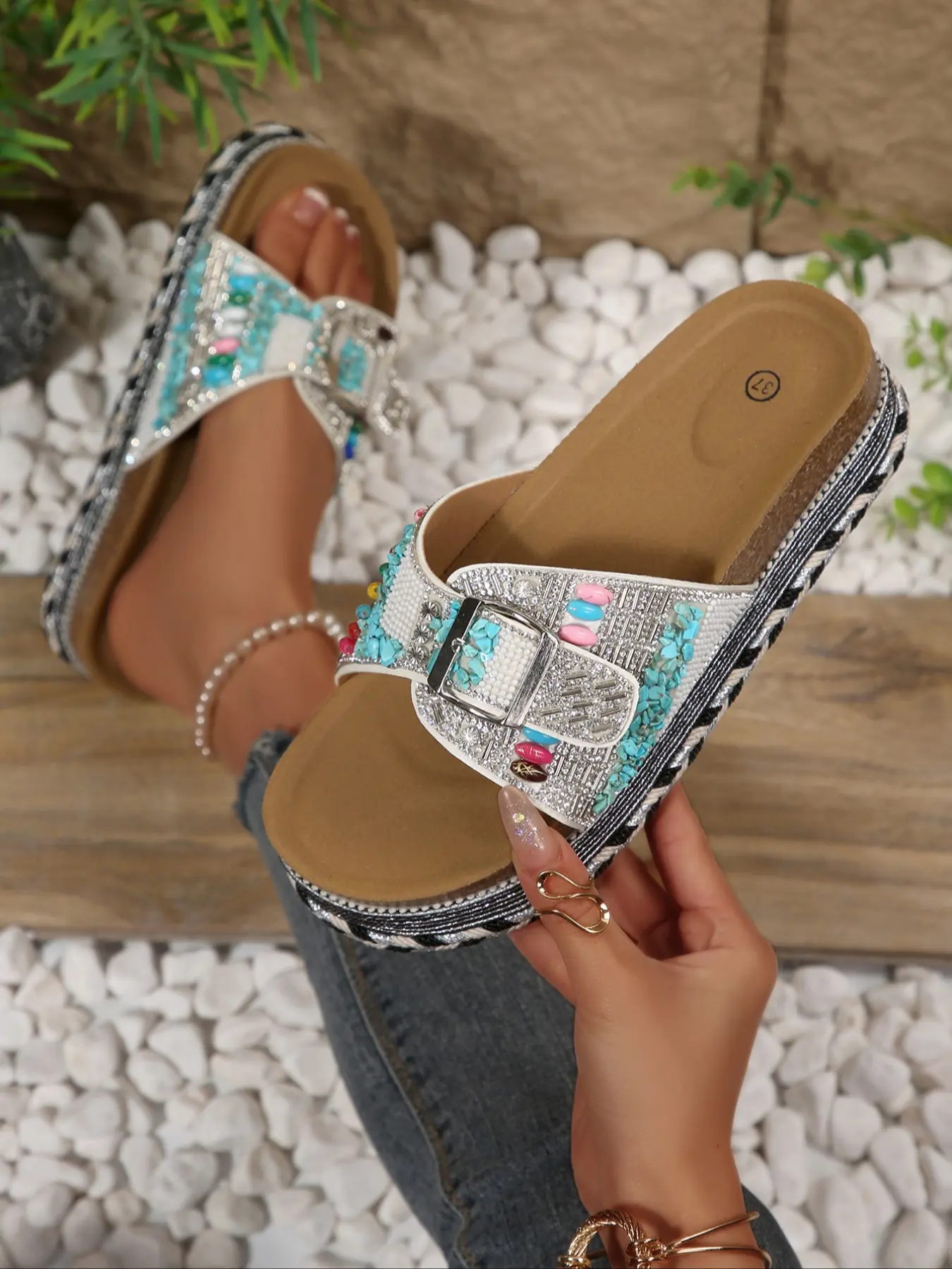 Fresh and Eye-Catching! Turquoise Rhinestone Sandals, Versatile and Stylish, Perfect for Any, Comfortable and Trendy Footwear