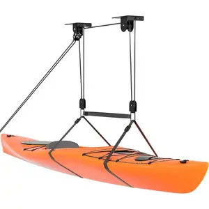 Kayak Hoist Pulley System for Garage, Durable Nylon Rope Ceiling Lift for 10-18 FT, Overhead Storage Rack for Canoe, Holds 150 LBS, Black