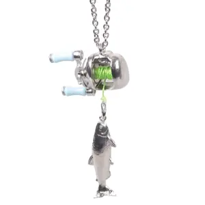 Fishing Reel Necklace, Rotating Handle Swirling Pendant Keychain, Backpack Charm, Keychain for Fishermen