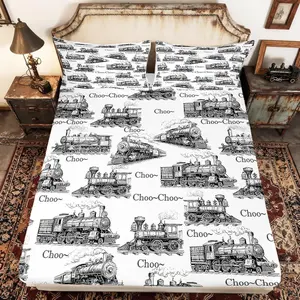 Vintage Fitted Sheet,Steam Locomotive Bedding Set for Kids Boys Girls Teens Bedroom Decor,Old Train Tracks Quilt Set,Sketch Black White Deep Pocket Sheet