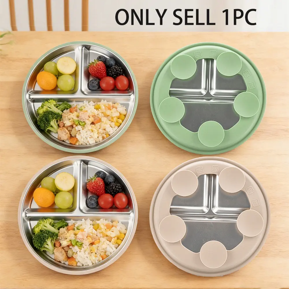 304 Stainless Steel Dinner Plate, Silicone Suction Cup Non-Slip Heat Insulation, 304 Segmented Meal Tray, Durable, Practical and Dishwasher Safe Tableware, Steel Plates