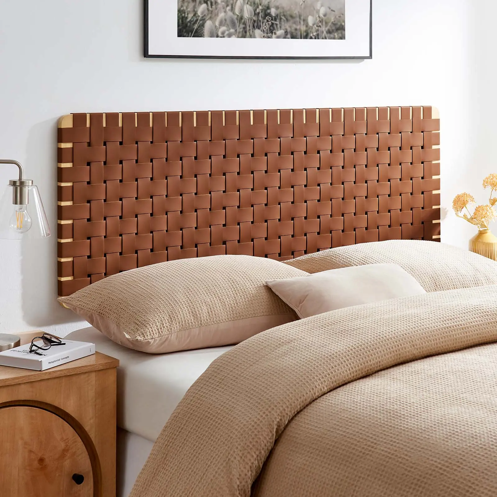 Modway Sparta Weave Adjustable Wall-Mount Queen-Size Vegan Leather Headboard, Natural Brown Indoor Furniture, Adjustable Headboard