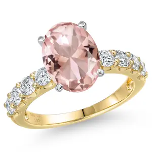 14K Two Tone Gold Peach Nano Morganite and Lab Grown Diamond Engagement Ring For Women | 4.76 Cttw | Oval 11X9MM | Gemstone October Birthstone | Available in Size 5,6,7,8,9