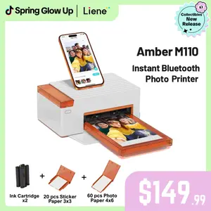 [LIVE ONLY] Liene Amber M110 Instant Bluetooth Photo Printer 80 Sheets, Photo Printer for iPhone, Thermal Dye Sublimation, Picture Printer 60 Sheets 4x6 Paper & 20 Sheets 3" Square Sticker Paper & 2 Cartridges, New Drops, Spring Glow Up