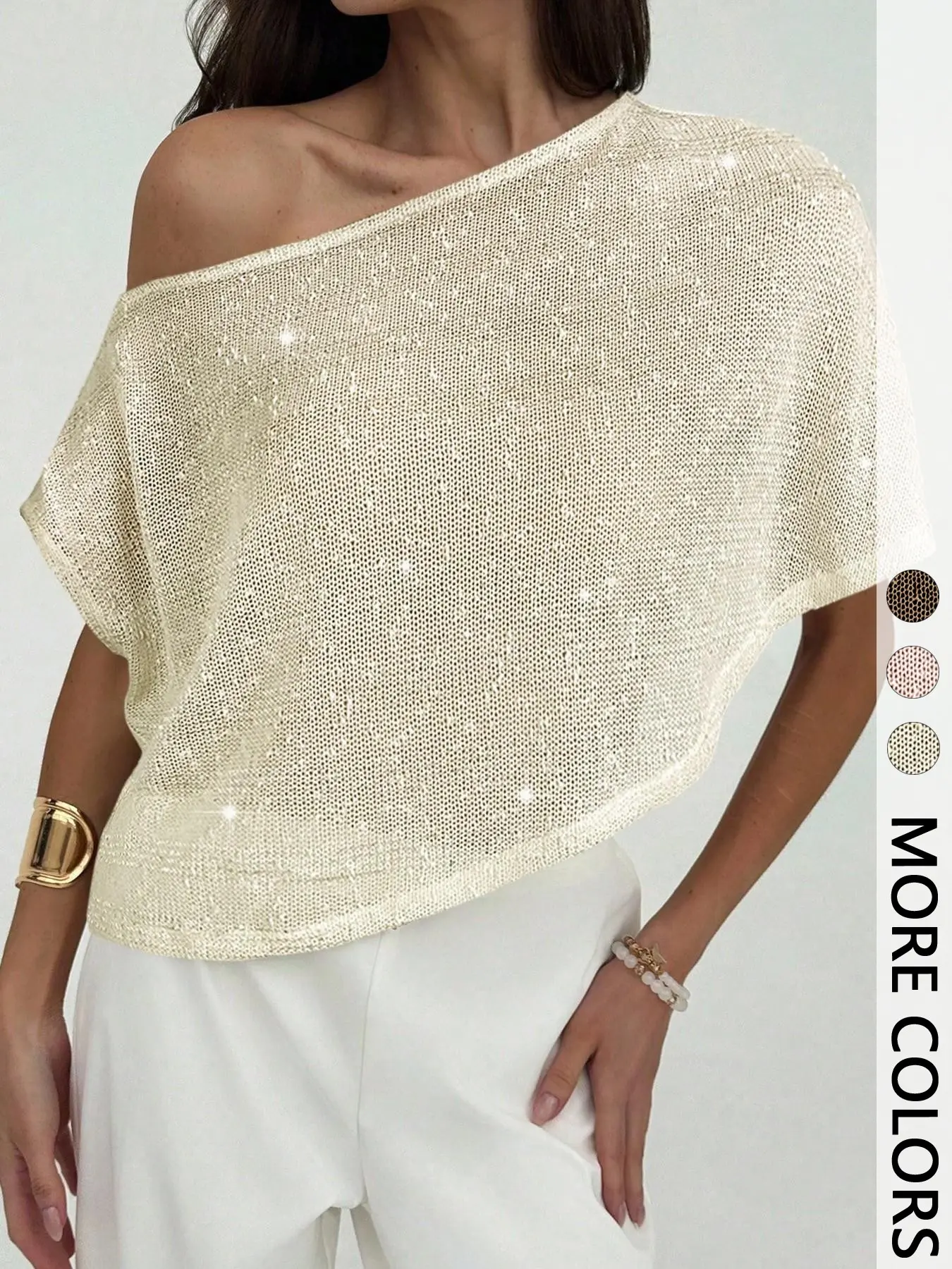Spring Summer Women's Sequin Glitter Top, Asymmetrical Off-Shoulder Neckline, Batwing Sleeve Loose Shirt, Glam Chic Style for Night Out Club Party Festival Wear