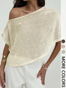 1 Spring Summer One Shoulder Sequin Top Shirts Women | Asymmetrical Off Shoulder Batwing Sleeve Loose Glitter Top | Glam Chic Style for Night Out Club Party Festival Wear