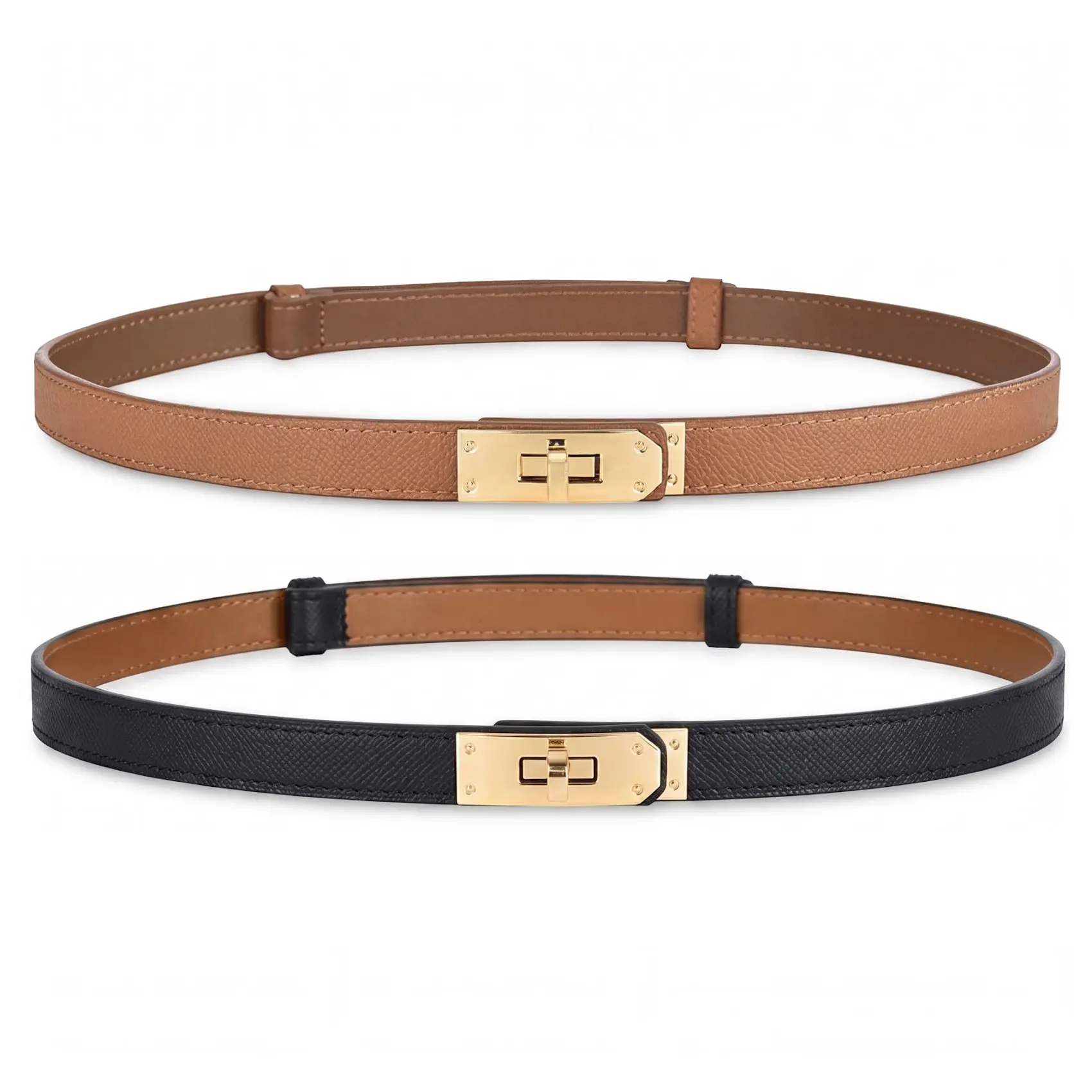 Women's Skinny Leather Belt with Adjustable Silver Turn-Lock Buckle Ideal for Dresses Jeans and Coats Elegant Minimalist Design