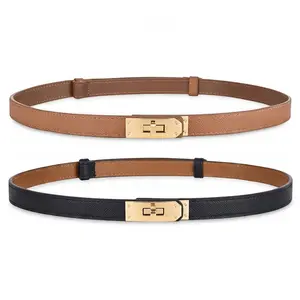 Women's Skinny Leather Belt with Adjustable Silver Turn-Lock Buckle Ideal for Dresses Jeans and Coats Elegant Minimalist Design