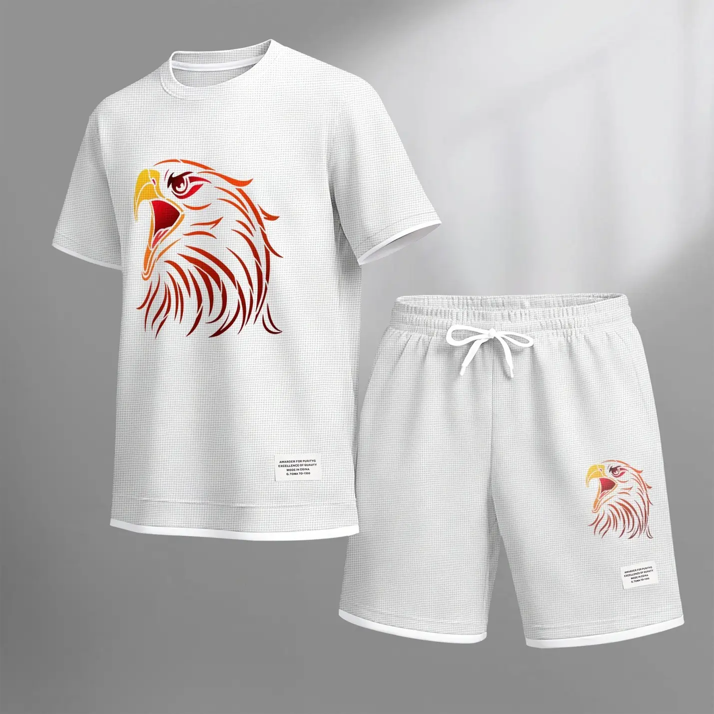Men's Eagle Graphic Print Short Sleeve Shirt and Drawstring Shorts Set, Casual Summer Two-Piece Outfit, Lightweight Breathable Relaxed Fit Sportswear, Stylish Comfortable Beach Vacation Daily Wear Travel Loungewear