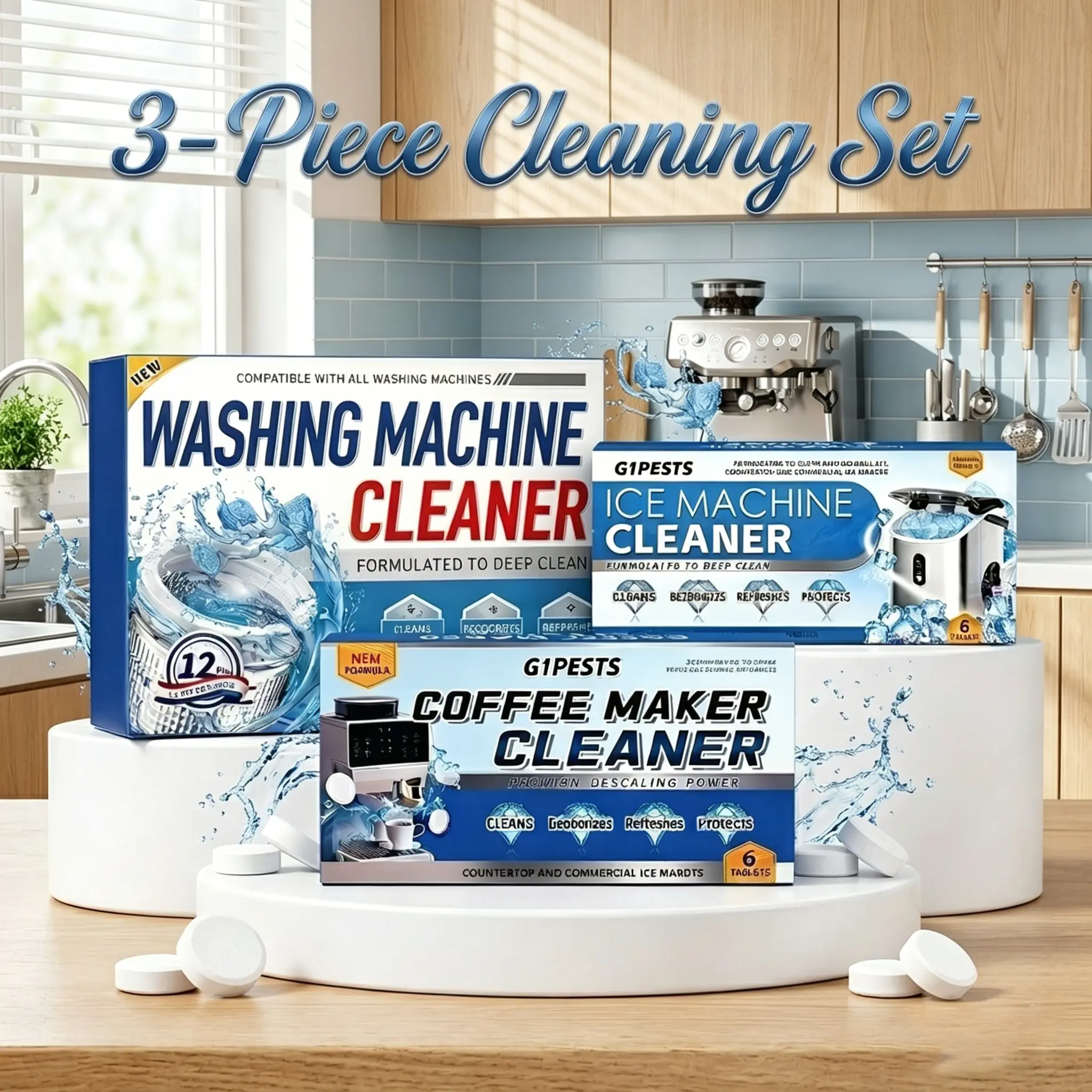 GIPests 3-Pack Nontoxic Soluble Powder De-Scaler Effervescent Tablets for Household Appliances, Cleans Washer & Ice Maker, Eliminates Odors, Includes Heavy-Duty Cleanup Gloves, Kids Mop & Indoor Mouse Repellent, Nontoxic De-Scalers, Soluble Powder De-Scal
