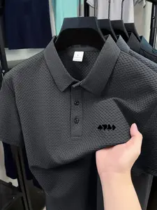 Men's Summer Polo Shirt Fitted with Diamond Pattern, Short Sleeve Knitwear, Fashionable Comfortable Textured Collar, Casual Business Daily Wear