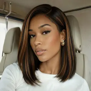【Side Part】UNice Black with Caramel Highlights Yaki Straight Bob Glueless 7x5 Closure Human Hair Wigs with Drawstring Natural Hairline No Slip Beginners Friendly summerwins