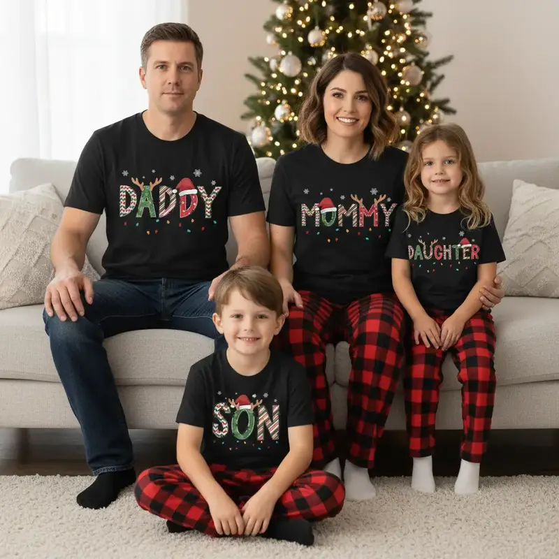 Plus Size Family Christmas Matching Cotton Flannel Pajama Set - Mom & Daughter Crew Neck Short-Sleeve Basic Cute Graphic Solid Color Comfortable Casual Women's & Family Gift