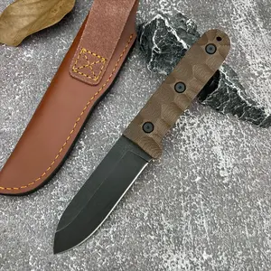 PR4 Outdoor Multi-Function Fixed Blade Knife D2 Steel Blade Linen Handle Camping Knife with Leather Sheath Travel Hiking Camping Fishing Tool Ideal Gift for Men