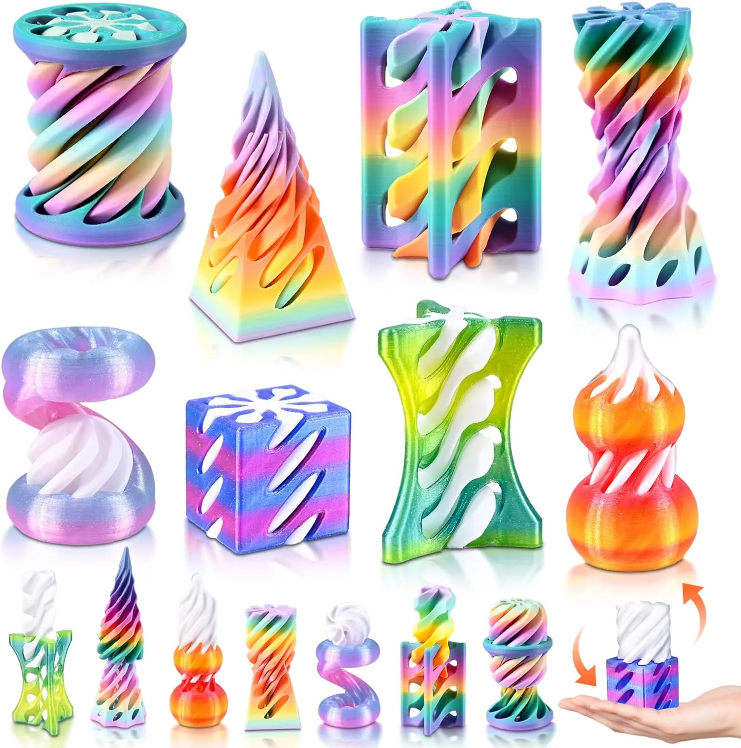8-Pack 3D Printed Fidget Toys, Rainbow Gradient Spiral Cone & Gear Set, Impossible Passthrough Sensory Toys for Stress Relief, Party Favors Fantasy Gifts
