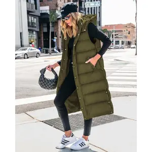 Long Puffer Vest Women Quilted Hooded Button Down Zip Up Sleeveless Vests Outerwear Padded Jacket Fall Winter Coat2025