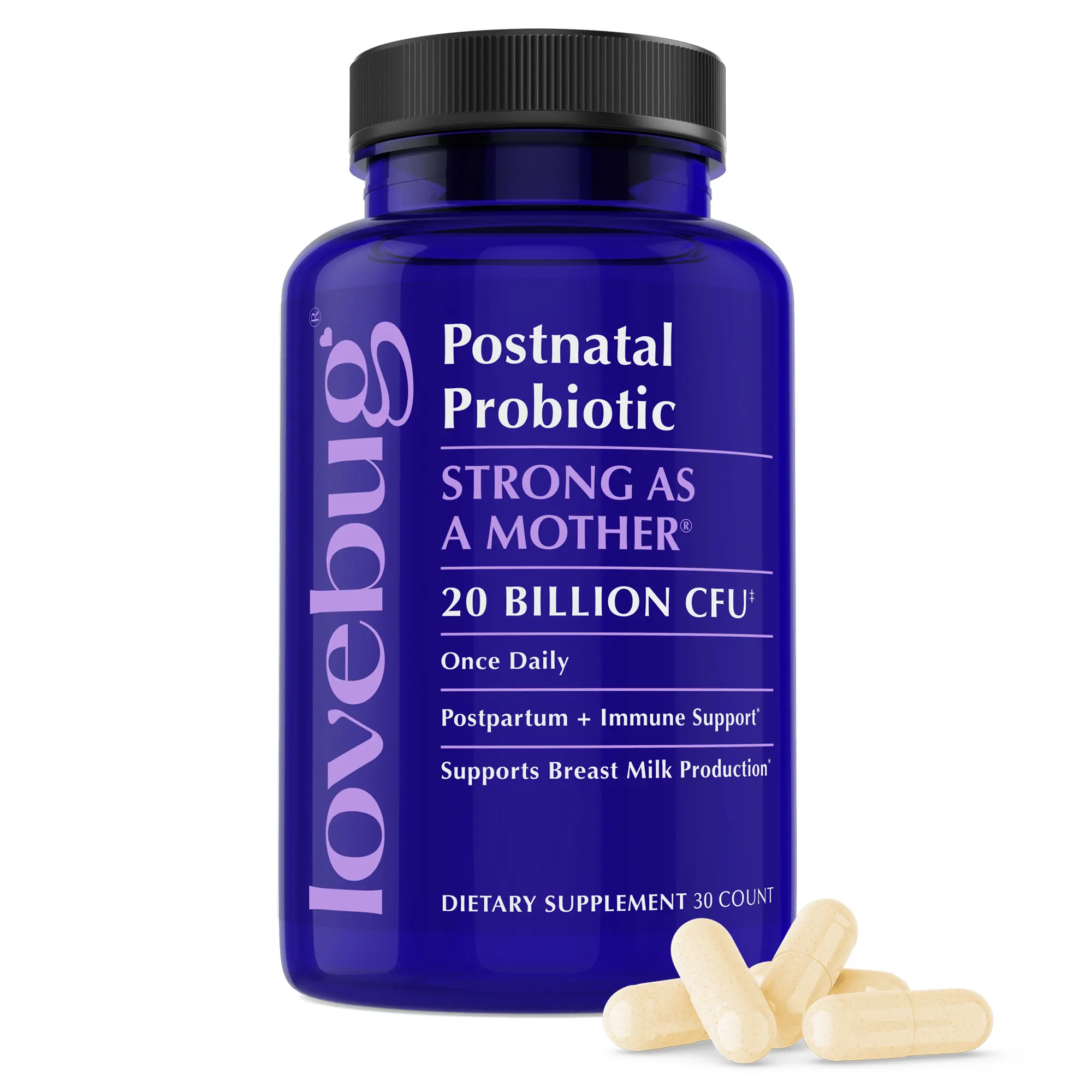 Lovebug Postnatal Probiotic | Daily Probiotic for Postpartum Moms | 20 Billion CFU, 6 Probiotic Strains | Lactation Blend + Vitamins D, B6 & B12 | 30 or 60 Day Supply