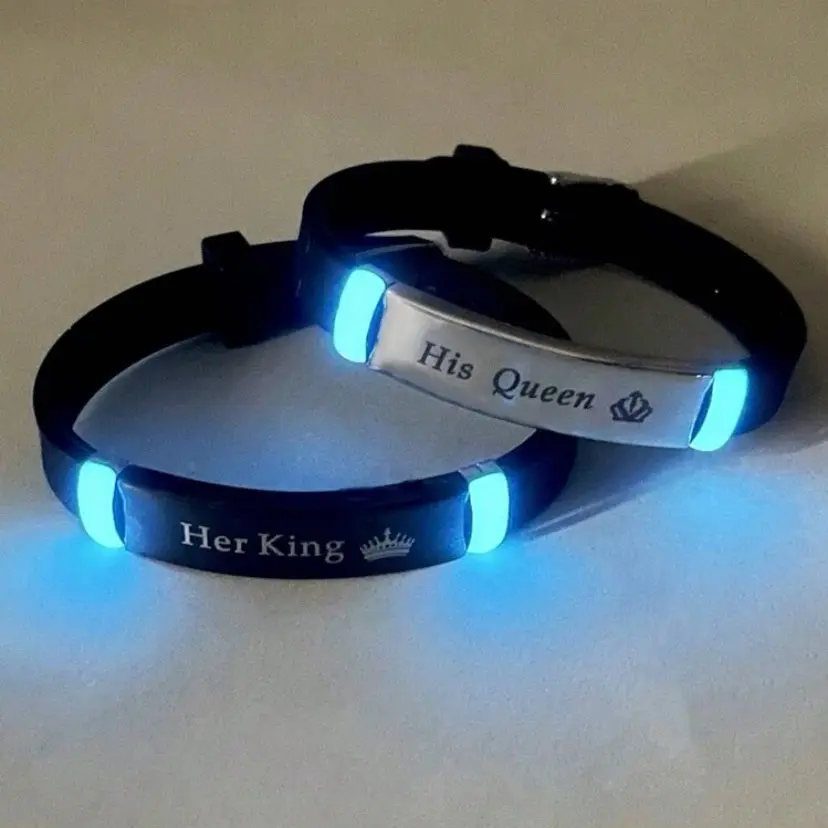 2pcs/Set Matching Couples His Queen Her King Grow In The Dark English Letter Stainless Steel Silicone Bracelet Valentine's Day Gift
