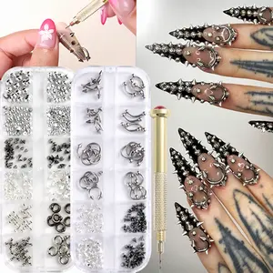 Vintage Punk Alloy Nail Charms 3D Nail Charm Hollow Hanging Rings Latch Metal Nail Art Charms for Nails Jewelry Gothic Design Nail Accessories Nail Supplies Nail Art Decorations with Pendant hole puncher