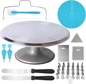 12-Inch Aluminum Alloy Rotating Cake Stand, Revolving Turntable for Cake and Cupcake Decorating, Complete Set with 35 Pieces of Decorating Tools