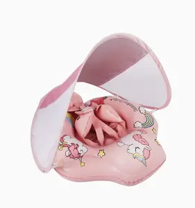 Inflatable Baby Swim Float with UPF50+ Sunshade Canopy, Cartoon PVC Floater with Safety Seat, Swimming Pool Accessories for Infants & Toddlers, Inflatable Floater