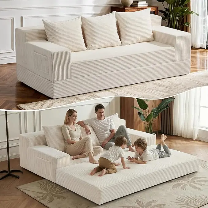 WINZOO 79" Modern Corduroy Folding Sofa Bed - Oversized Multi-Purpose Modern Clean Futon Set with 3 Pillows, Compression Boneless Design, Soft Fabric Indoor Living Room Furniture, Modern Clean Futon Sets, Multi Purpose Futon Sets
