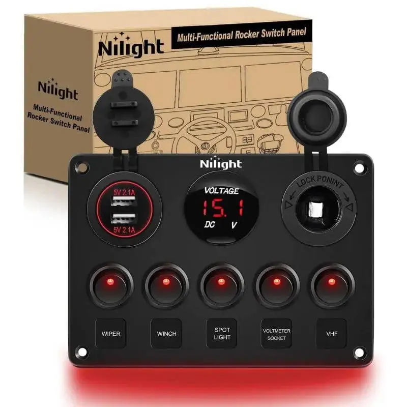 Nilight 5-Gang Red Rocker Power Switch Panel - Waterproof Control Switchboard with Dual USB, Voltmeter, Fuse, DIY Stickers, Screw for Car, Truck