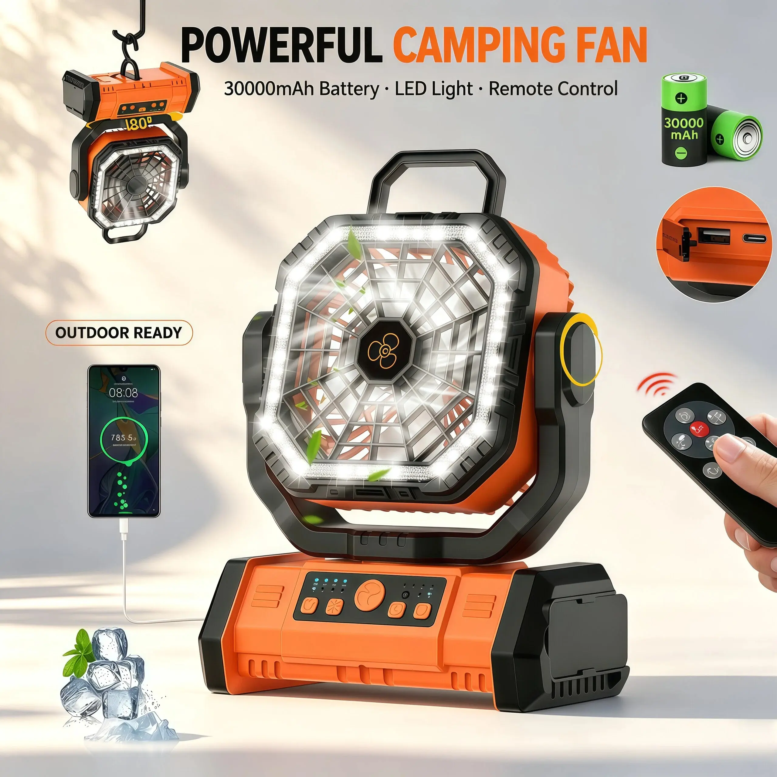 30000mAh Rechargeable Portable Silent Fan with LED Light - Wireless, 360° Rotating Hook, Quiet Oscillating Desk Fan with Batteries for Tent, Barbecues, Outdoor Summer Home Essentials, Rechargeable Portable Fan, Wireless Fan