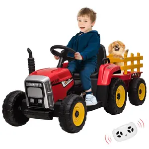 GARVEE 12V Ride-On Tractor with Trailer and Remote Control, Electric Vehicle for Toddlers Featuring LED Headlights, 2+1 Gear Shift, MP3 Player, USB Port, Speed up to 5mph, 35W Motor, EVA Tires, Red Color