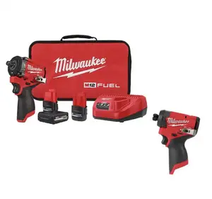 Milwaukee M12 FUEL 12V Li-Ion Brushless Cordless Stubby 3/8 in. Impact Wrench Kit w/ Impact Driver, Batteries