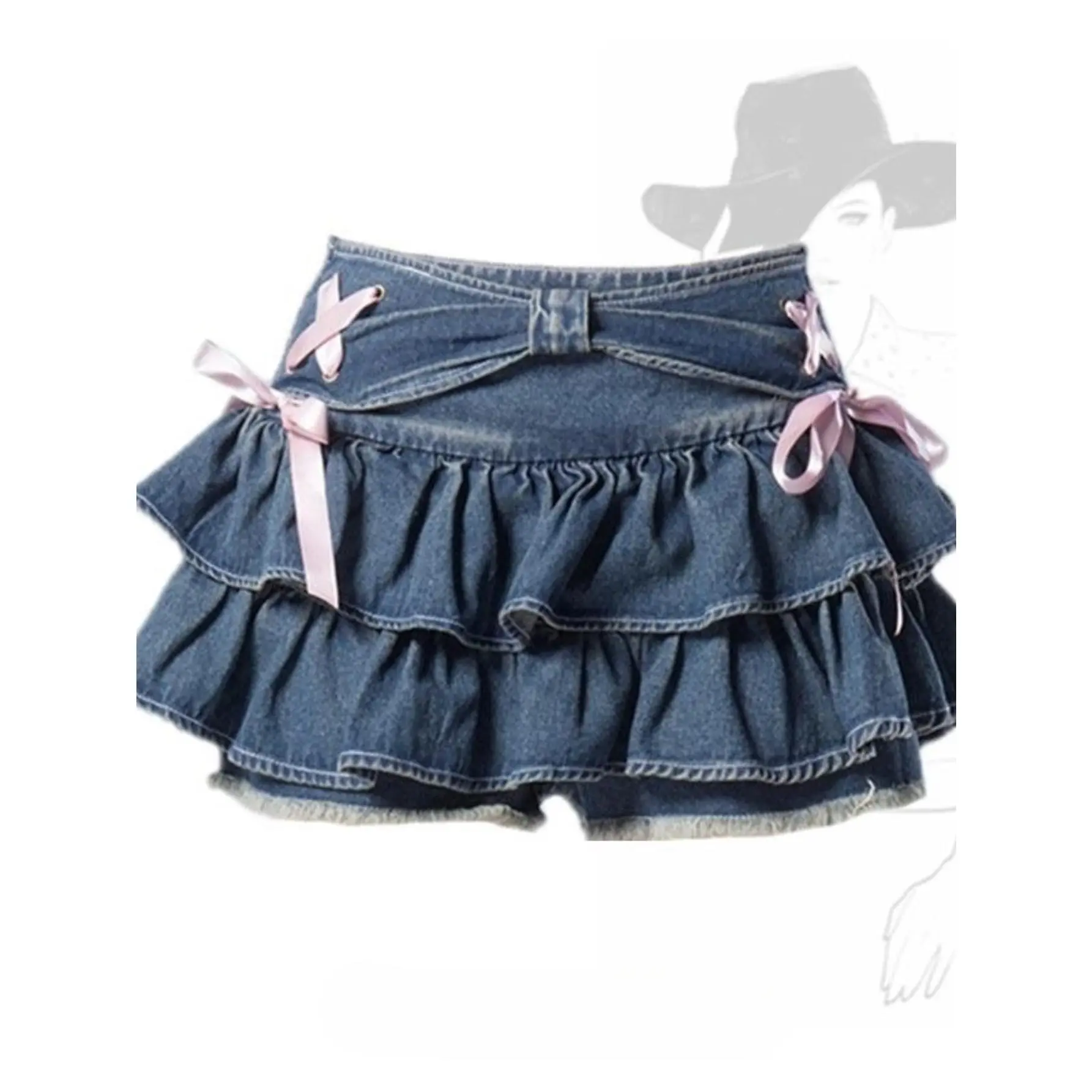 Girls Y2K Tiered Ruffle Denim Skort, High Waist Wrap Belt Pink Satin Ribbon Bow Double Layer Flared Mini Jean Skirt With Built-In Shorts # Girls' Floral Tutu Skirt # Girls' Pleated Active Skirt # Teen Girl Big Bow Denim Skirt # denim skirt pant