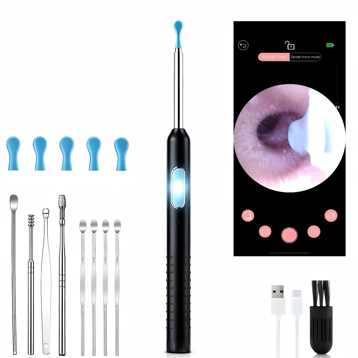Manual Earwax Removal Kit, 9-Piece Set with 1080P HD Camera View, Rechargeable Tool, 6 Silicone Tips, Compact Travel Size, Safe Cleaning for Adults & Children