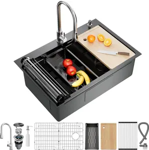 CAMMOO 33X22 Drop In Kitchen Sink, Nano 304 Stainless Steel Workstation Sink, Pop-Up Drain, Upgraded Fast Drain & Anti-Clog, Topmount Single Bowl with Accessories, Foldable Grid, black sink