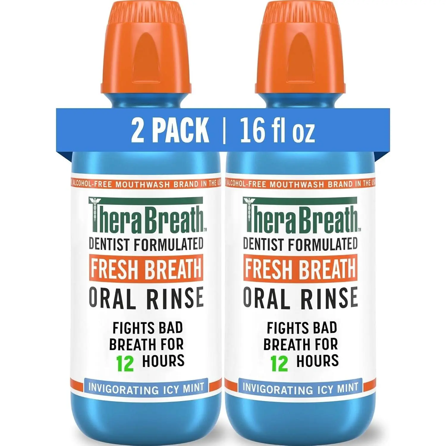 TheraBreath Fresh Breath Mouthwash, Icy Mint Flavor, Alcohol-Free, 16 Fl Oz (Pack of 2)