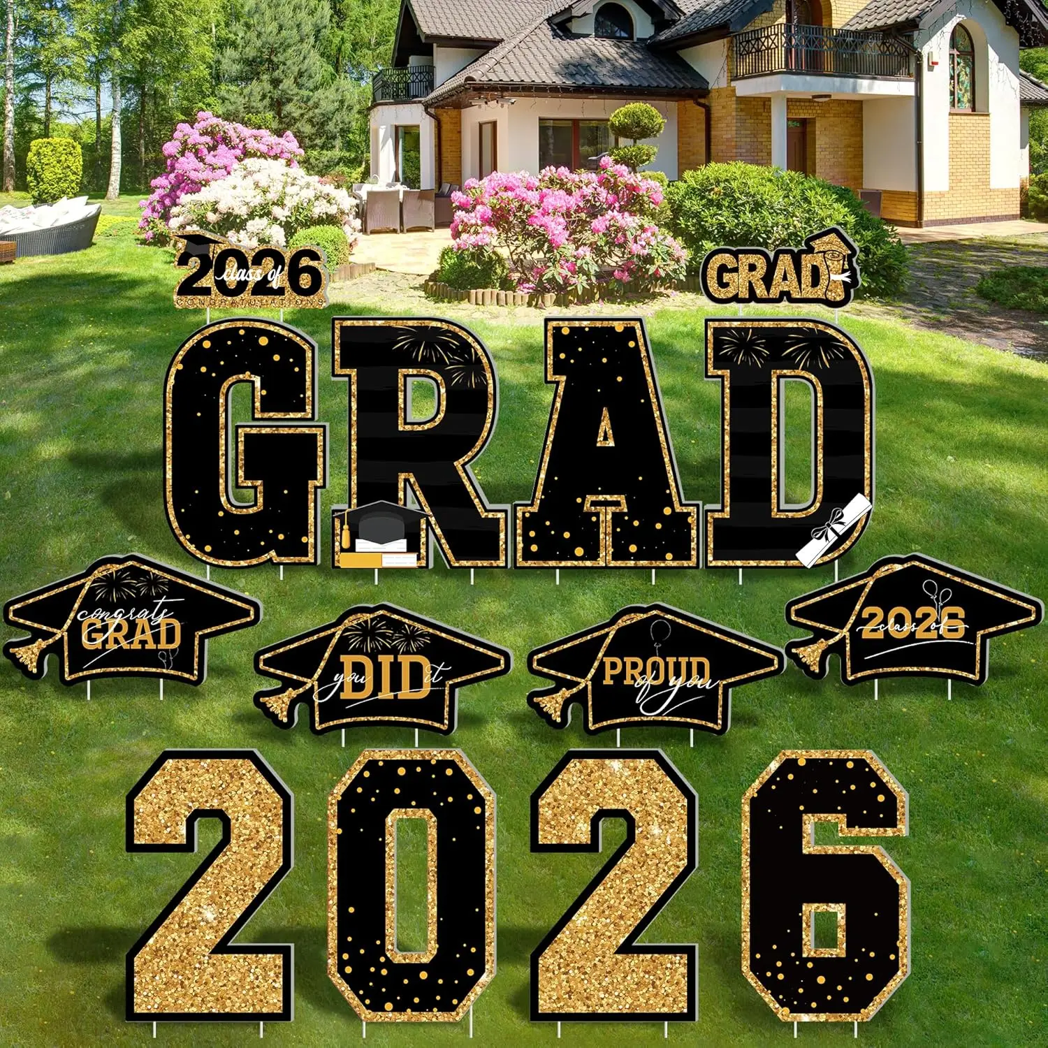 14 count Graduation Yard Signs Class of 2026, Black  Graduation Decorations, Class of 2026 Yard Signs with Stakes, Graduation Party Decorations Outdoor, Graduation Yard Decor for College High School