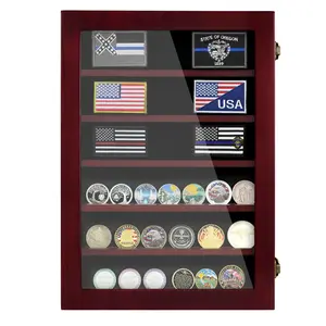 Lockable Wooden Challenge Coin Display Case - 6-Row Wall Mount with HD Tempered Glass & Removable Dividers for Medals & Coins