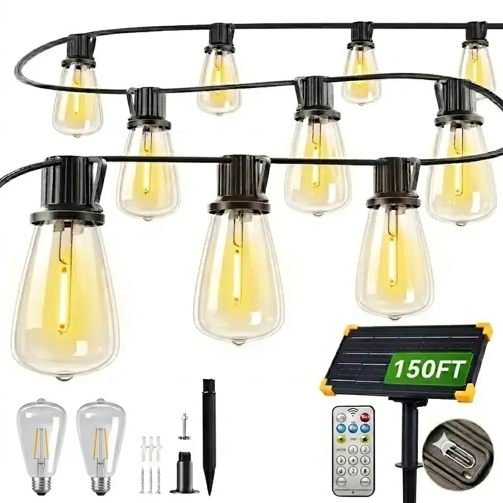 Ekoio ST38 Solar Outdoor String Lights - 150FT Energy Saving Ambient LED Edison Strip Lights, Waterproof, Shatterproof Bulbs, 20H Full Charge Runtime, 8 Lighting Modes with Remote, Christmas Patio Decor, Solar Outdoor Lights, Led String Lights