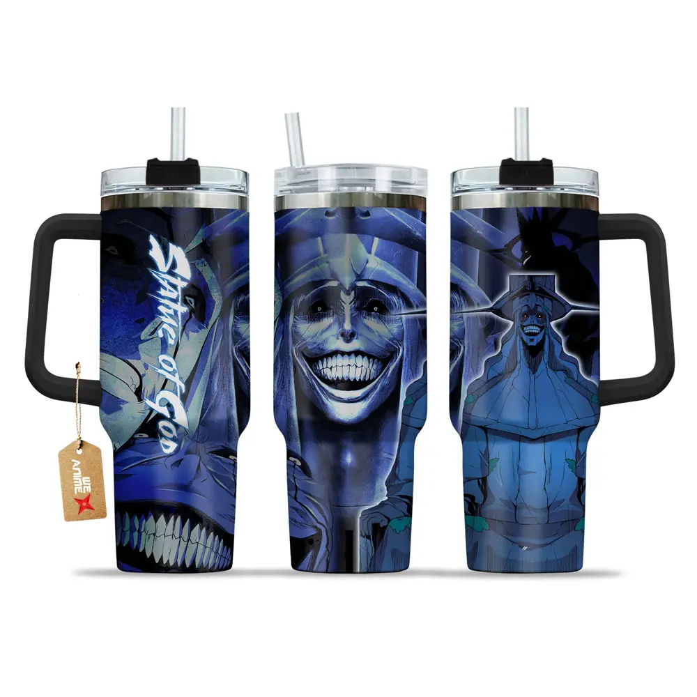 STORMMECH2 - 40oz Statue Of God Solo Leveling Insulated Portable Beverage Flask - Double-Wall Vacuum Stainless Steel, Cartoon Design, Washable Leakproof Straw Lid with Black Cap & Handle, 12H Hot/24H Cold Retention, Valentine Gift Drinkware, Flasks